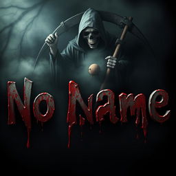 The words 'No Name' written in a realistic style, with the letters appearing as if they are bleeding, dripping blood, against a dark, eerie background depicting a grim reaper figure harvesting a soul
