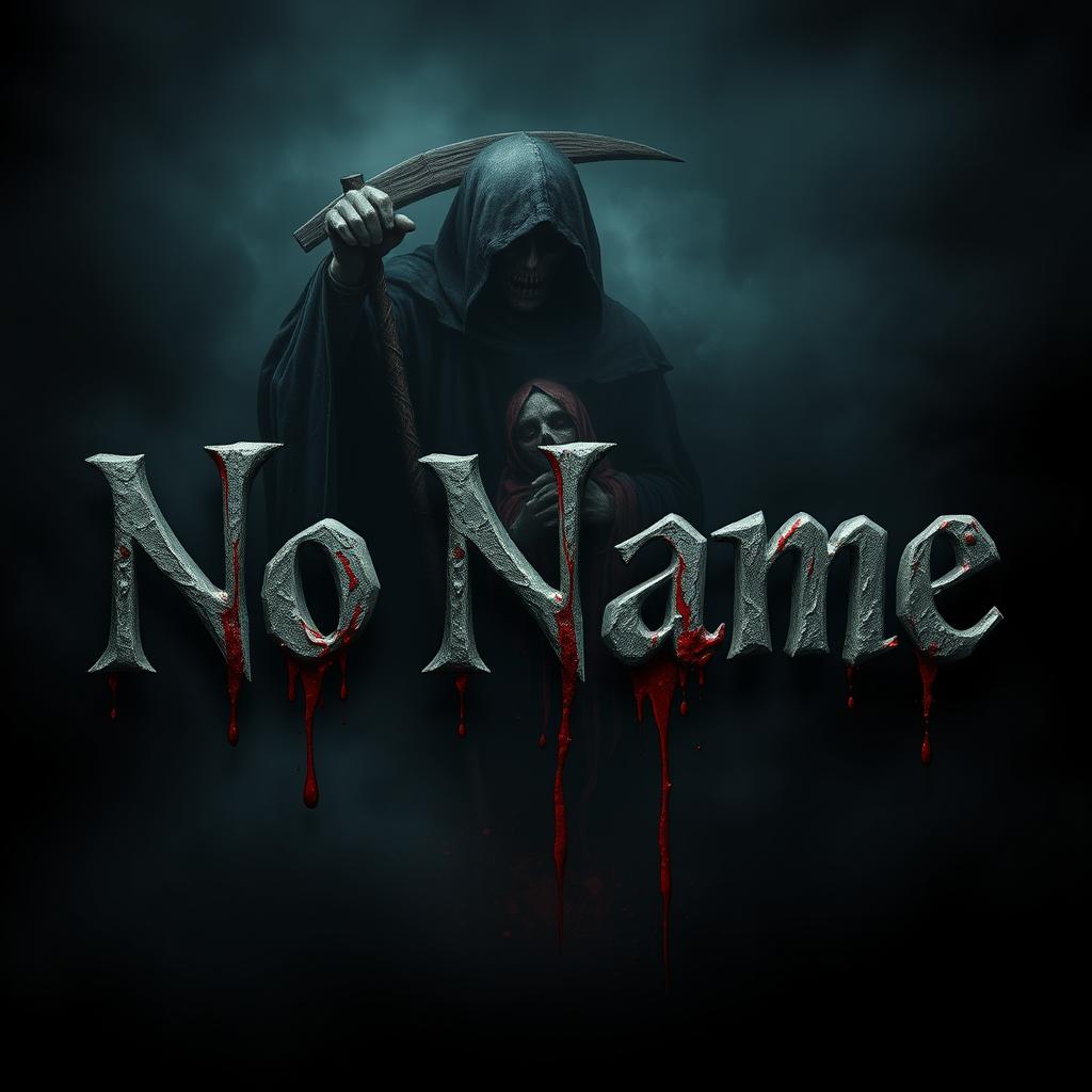 The words 'No Name' written in a realistic style, with the letters appearing as if they are bleeding, dripping blood, against a dark, eerie background depicting a grim reaper figure harvesting a soul