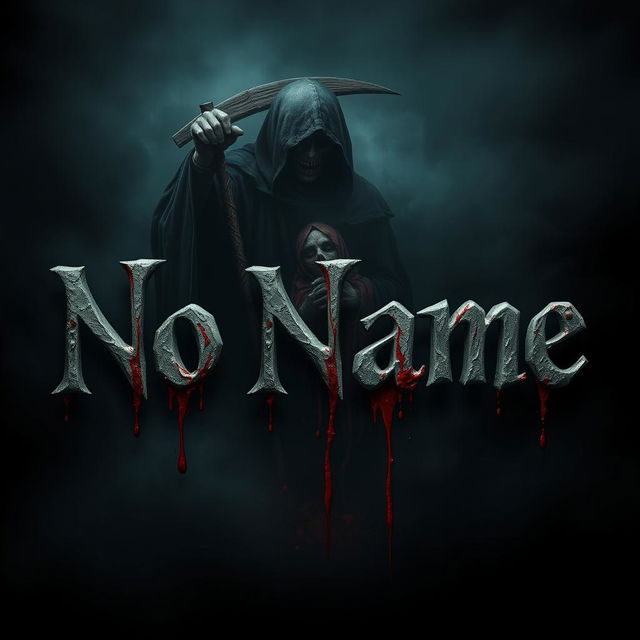 The words 'No Name' written in a realistic style, with the letters appearing as if they are bleeding, dripping blood, against a dark, eerie background depicting a grim reaper figure harvesting a soul