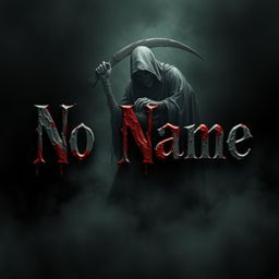 The words 'No Name' written in a realistic style, with the letters appearing as if they are bleeding, dripping blood, against a dark, eerie background depicting a grim reaper figure harvesting a soul