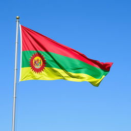 A vibrant and colorful flag representing the Republic of Mataram, featuring dynamic patterns and hues that symbolize the cultural heritage and identity of the Mataram community
