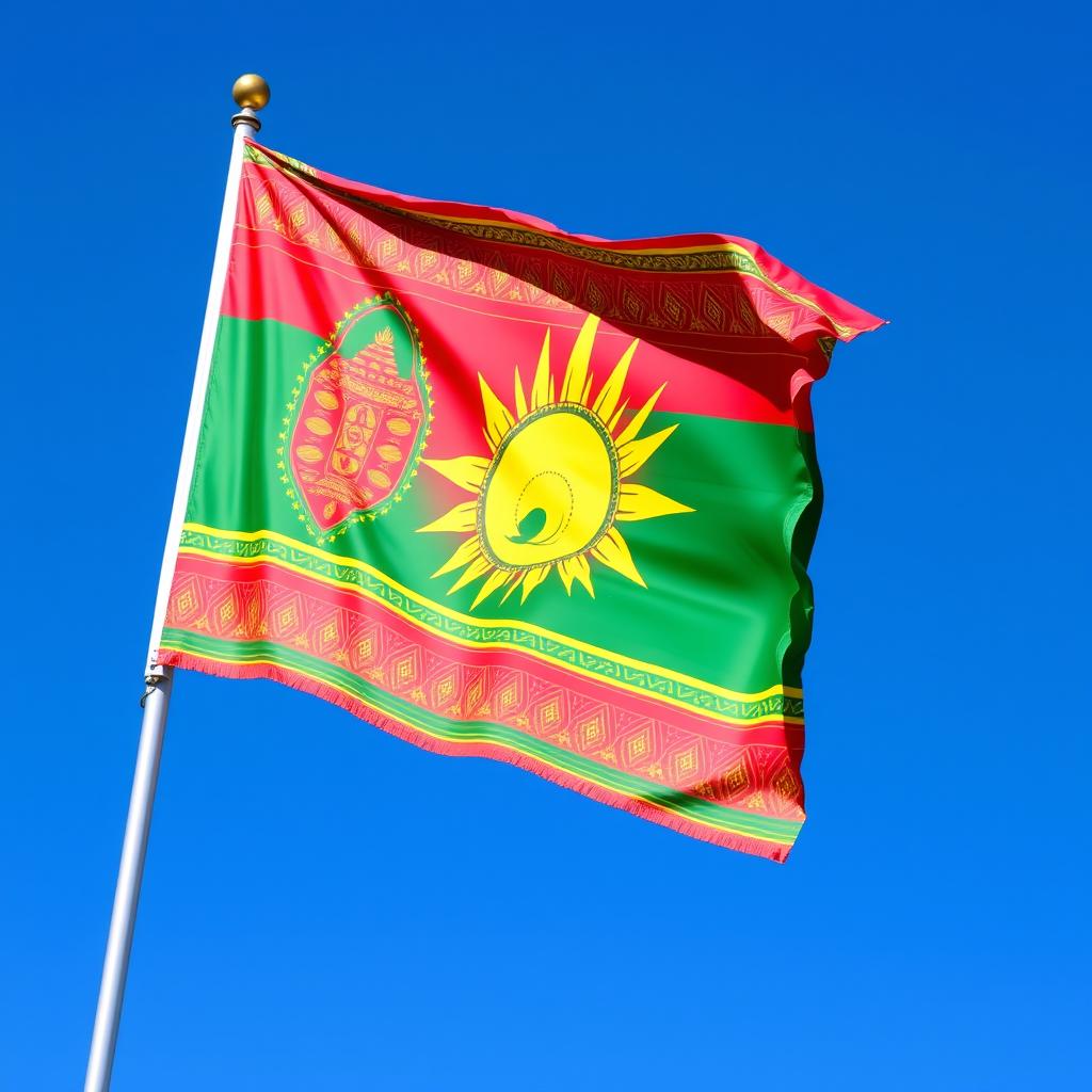 A vibrant and colorful flag representing the Republic of Mataram, featuring dynamic patterns and hues that symbolize the cultural heritage and identity of the Mataram community