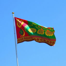A vibrant and colorful flag representing the Republic of Mataram, featuring dynamic patterns and hues that symbolize the cultural heritage and identity of the Mataram community