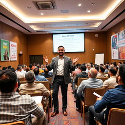 An image of a charismatic management trainer, Akram Ali Al-Harazi, standing confidently in a large training hall filled with eager participants