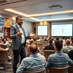 An image of a charismatic management trainer, Akram Ali Al-Harazi, standing confidently in a large training hall filled with eager participants