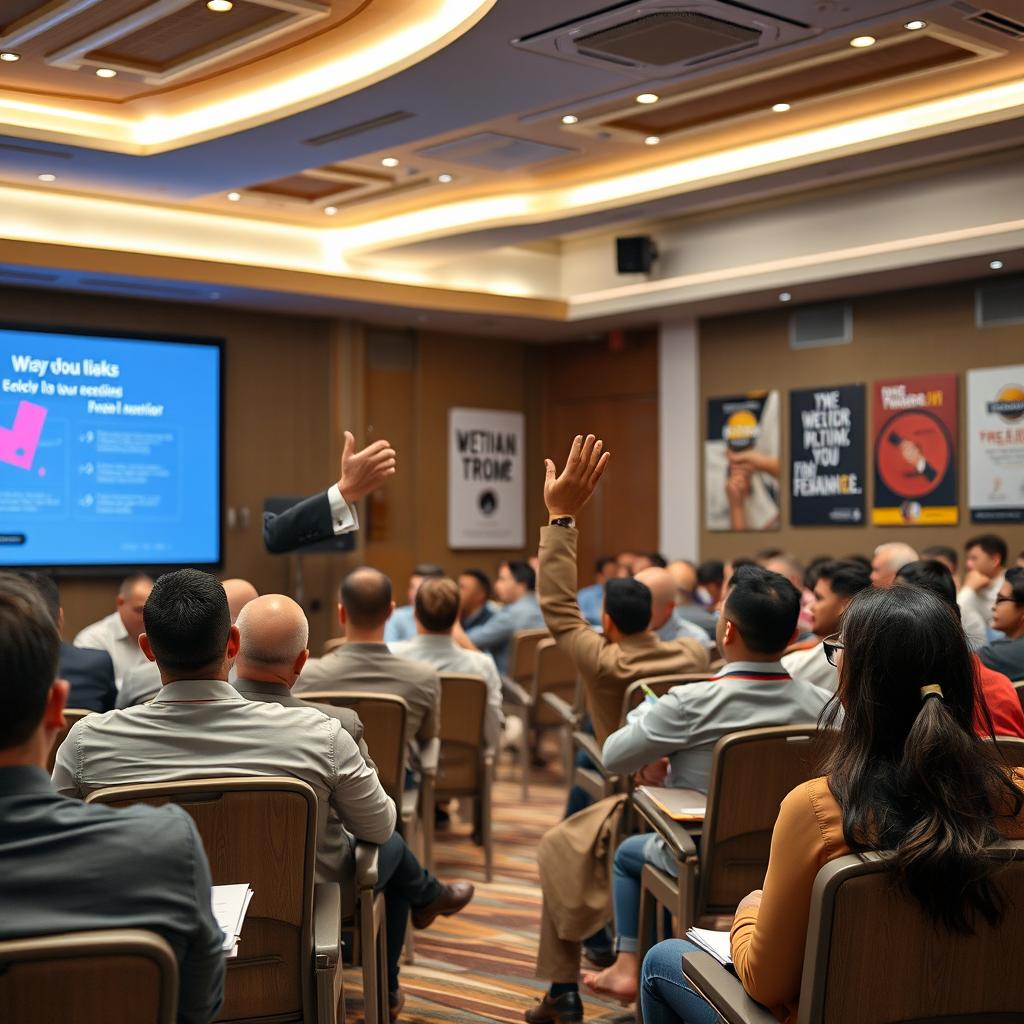 An image of a charismatic management trainer, Akram Ali Al-Harazi, standing confidently in a large training hall filled with eager participants