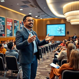 An image of a charismatic management trainer, Akram Ali Al-Harazi, standing confidently in a large training hall filled with eager participants