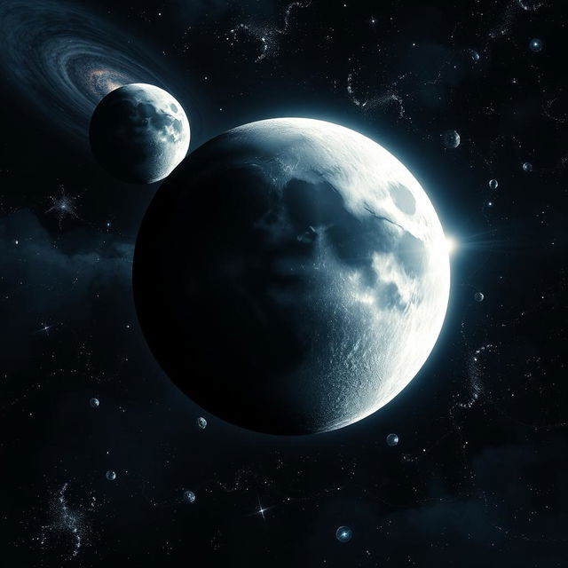 A dramatic scene depicting the moon in a breathtaking cosmic environment, showcasing its surface with detailed craters illuminated by sunlight, while Earth looms in the background