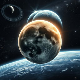 A dramatic scene depicting the moon in a breathtaking cosmic environment, showcasing its surface with detailed craters illuminated by sunlight, while Earth looms in the background