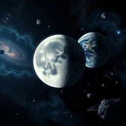 A dramatic scene depicting the moon in a breathtaking cosmic environment, showcasing its surface with detailed craters illuminated by sunlight, while Earth looms in the background