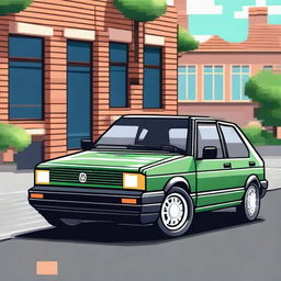 An image of a 1995 VW Golf, meticulously crafted in pixel art style