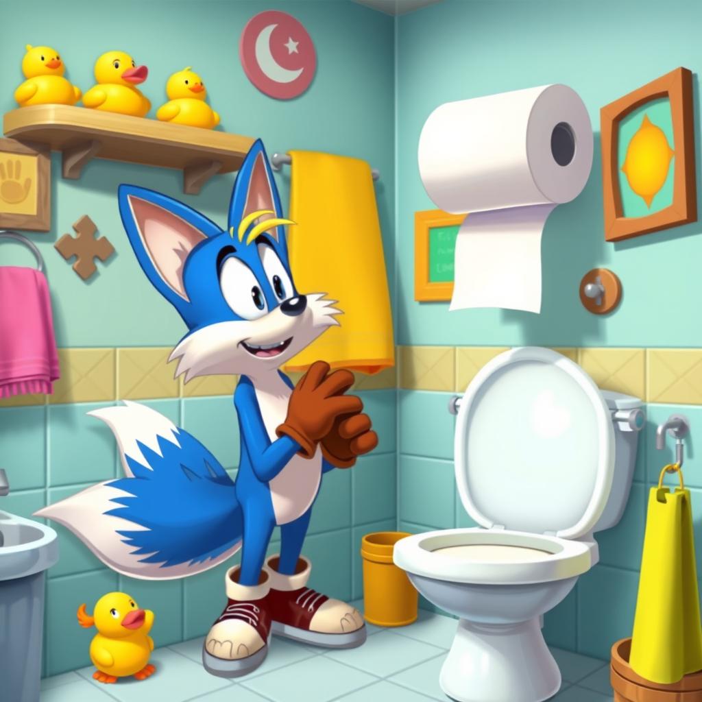 A whimsical and cartoonish bathroom scene featuring a talking anthropomorphic blue fox with a bushy tail, named Tails, trying to reach a roll of toilet paper that is just out of reach on a high shelf