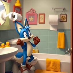 A whimsical and cartoonish bathroom scene featuring a talking anthropomorphic blue fox with a bushy tail, named Tails, trying to reach a roll of toilet paper that is just out of reach on a high shelf