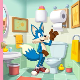 A whimsical and cartoonish bathroom scene featuring a talking anthropomorphic blue fox with a bushy tail, named Tails, trying to reach a roll of toilet paper that is just out of reach on a high shelf