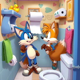 A whimsical and cartoonish bathroom scene featuring a talking anthropomorphic blue fox with a bushy tail, named Tails, trying to reach a roll of toilet paper that is just out of reach on a high shelf