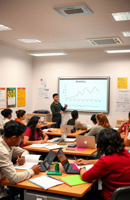 A vibrant and engaging classroom scene filled with diverse university students attentively learning Statistics