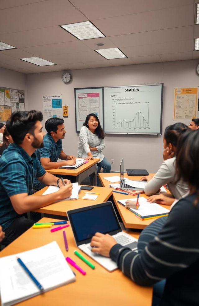 A vibrant and engaging classroom scene filled with diverse university students attentively learning Statistics