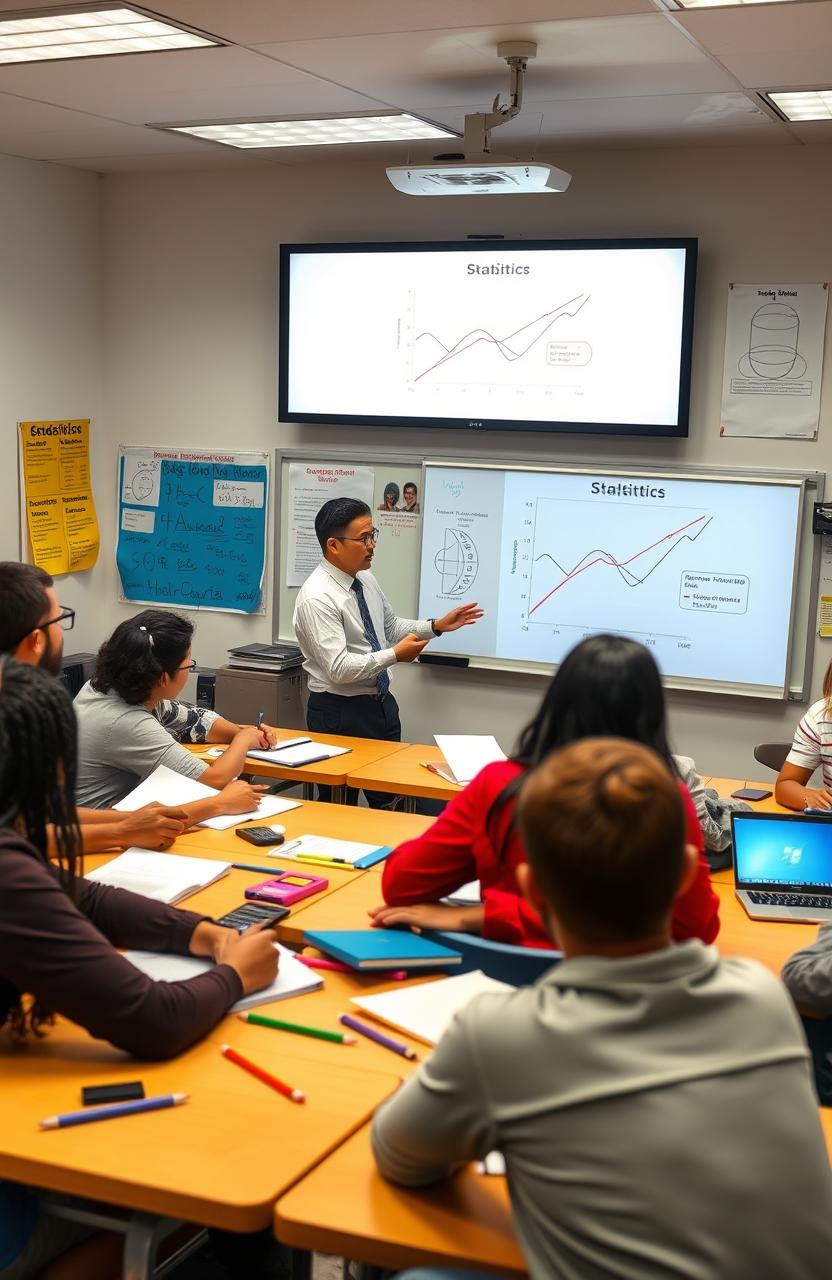A vibrant and engaging classroom scene filled with diverse university students attentively learning Statistics