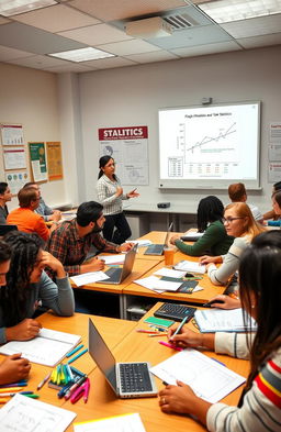 A vibrant and engaging classroom scene filled with diverse university students attentively learning Statistics