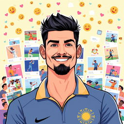 A vibrant and engaging digital illustration of a stylized Instagram profile featuring a prominent male cricketer with a strong athletic build, short black hair, a confident smile, and a well-groomed beard