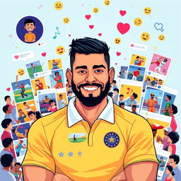 A vibrant and engaging digital illustration of a stylized Instagram profile featuring a prominent male cricketer with a strong athletic build, short black hair, a confident smile, and a well-groomed beard