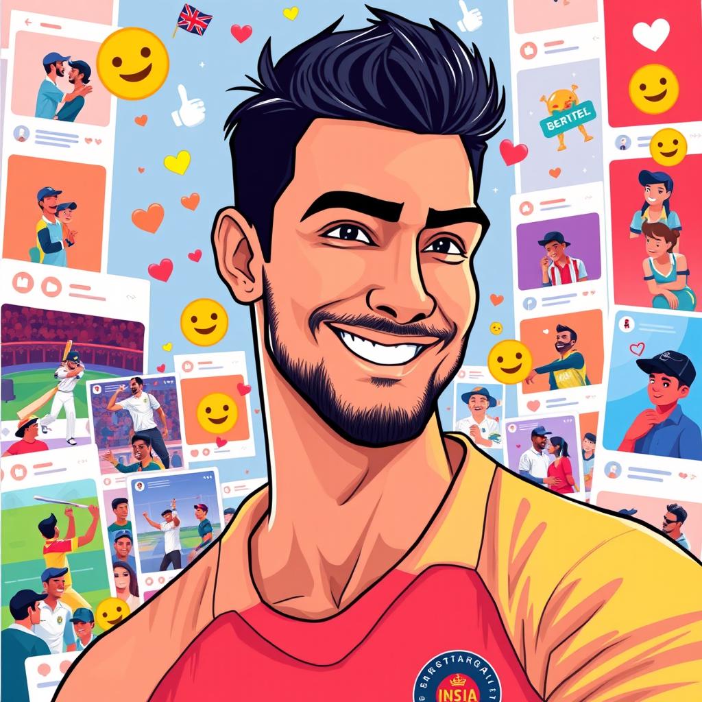 A vibrant and engaging digital illustration of a stylized Instagram profile featuring a prominent male cricketer with a strong athletic build, short black hair, a confident smile, and a well-groomed beard