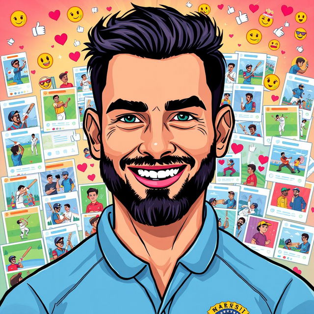 A vibrant and engaging digital illustration of a stylized Instagram profile featuring a prominent male cricketer with a strong athletic build, short black hair, a confident smile, and a well-groomed beard