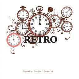 A creative and visually appealing poster design featuring intricate clocks intertwined with musical motifs, such as musical notes and instruments, symbolizing the connection between time and music