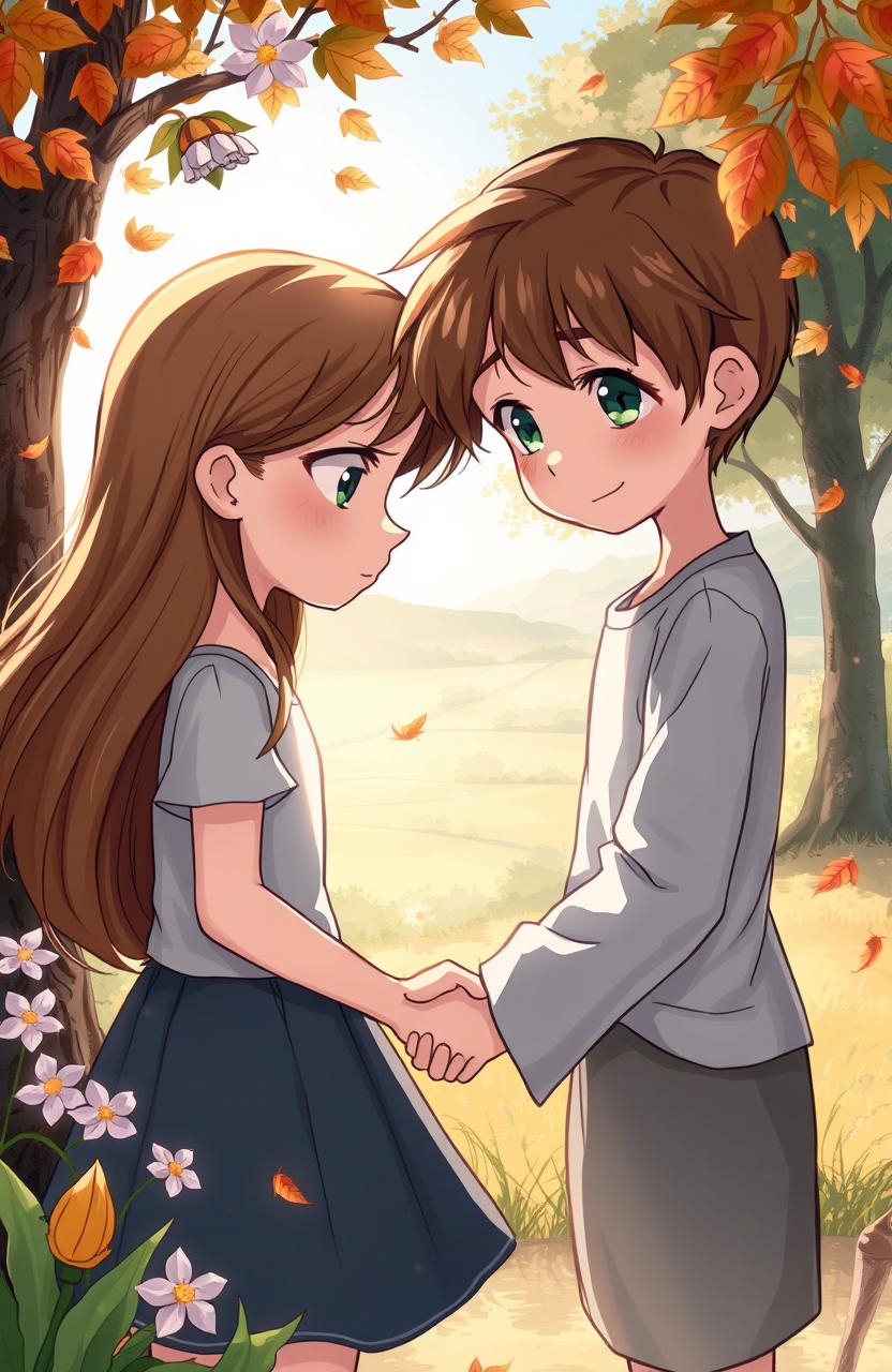 A poignant illustration of a tragic love story, featuring a young girl with flowing brown hair and expressive green eyes, standing in a sunlit park, looking sadly at a boy sitting on a bench