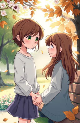 A poignant illustration of a tragic love story, featuring a young girl with flowing brown hair and expressive green eyes, standing in a sunlit park, looking sadly at a boy sitting on a bench