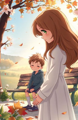 A poignant illustration of a tragic love story, featuring a young girl with flowing brown hair and expressive green eyes, standing in a sunlit park, looking sadly at a boy sitting on a bench