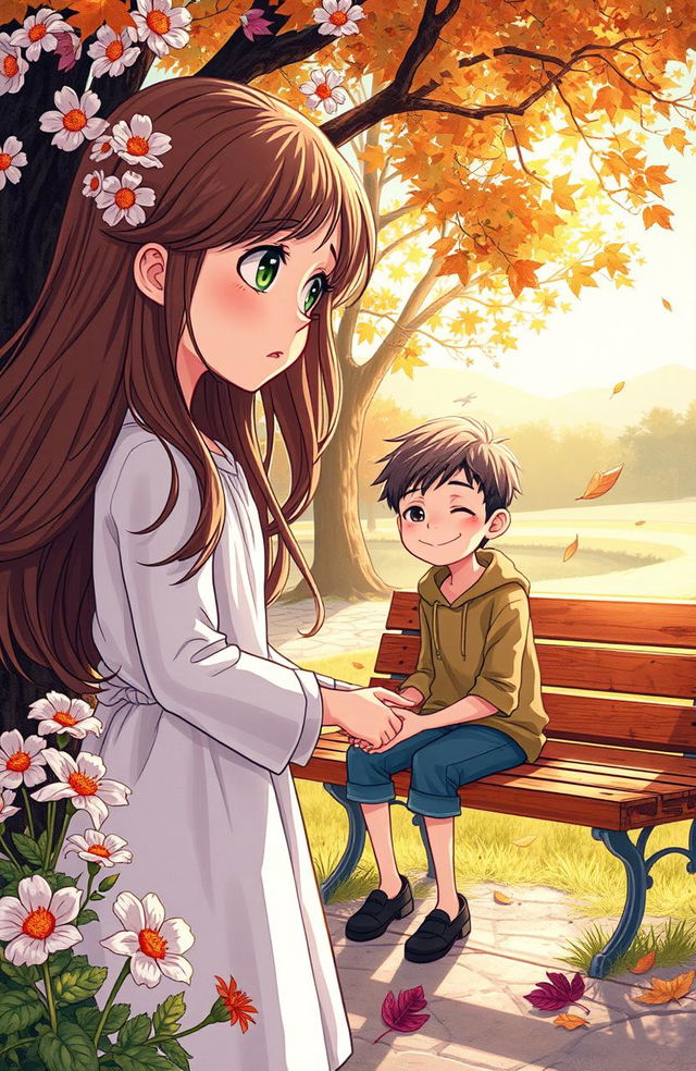 A poignant illustration of a tragic love story, featuring a young girl with flowing brown hair and expressive green eyes, standing in a sunlit park, looking sadly at a boy sitting on a bench