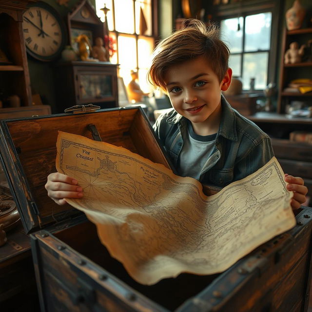 A young person, with a curious expression, discovers an old, crumbled treasure map inside a dusty, wooden chest while cleaning their own small, vintage shop