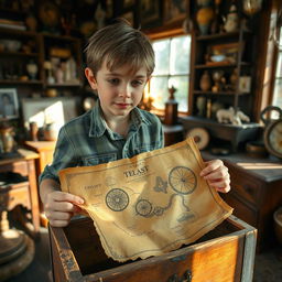 A young person, with a curious expression, discovers an old, crumbled treasure map inside a dusty, wooden chest while cleaning their own small, vintage shop