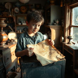 A young person, with a curious expression, discovers an old, crumbled treasure map inside a dusty, wooden chest while cleaning their own small, vintage shop