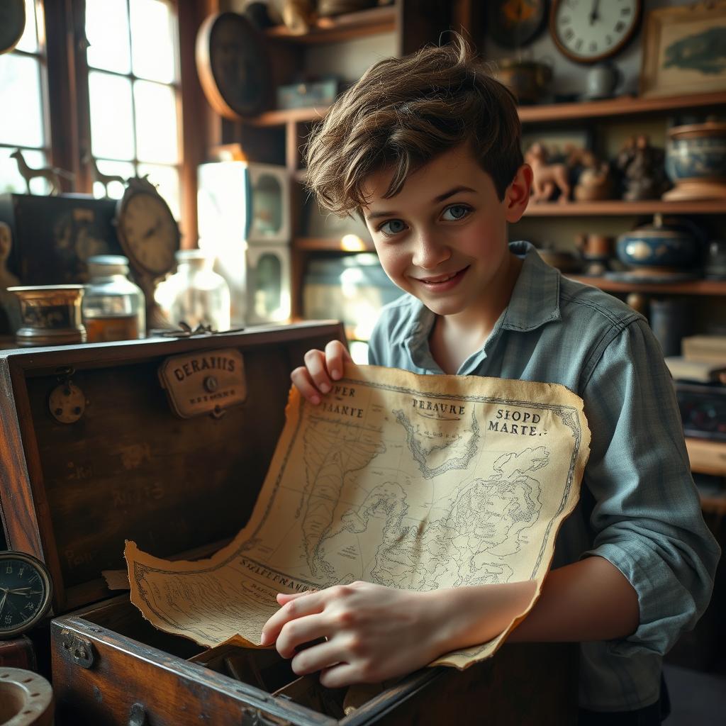 A young person, with a curious expression, discovers an old, crumbled treasure map inside a dusty, wooden chest while cleaning their own small, vintage shop