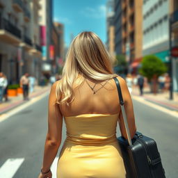 A captivating scene of a curvy, hourglass shaped woman with long blond hair, seen from the rear, gracefully walking down the middle of a vibrant street