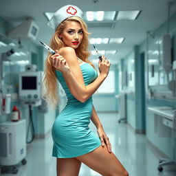 A sexy white-skinned nurse girl in a short aqua green nurse dress featuring a big neckline and a mini skirt, complemented by a classic nurse hat