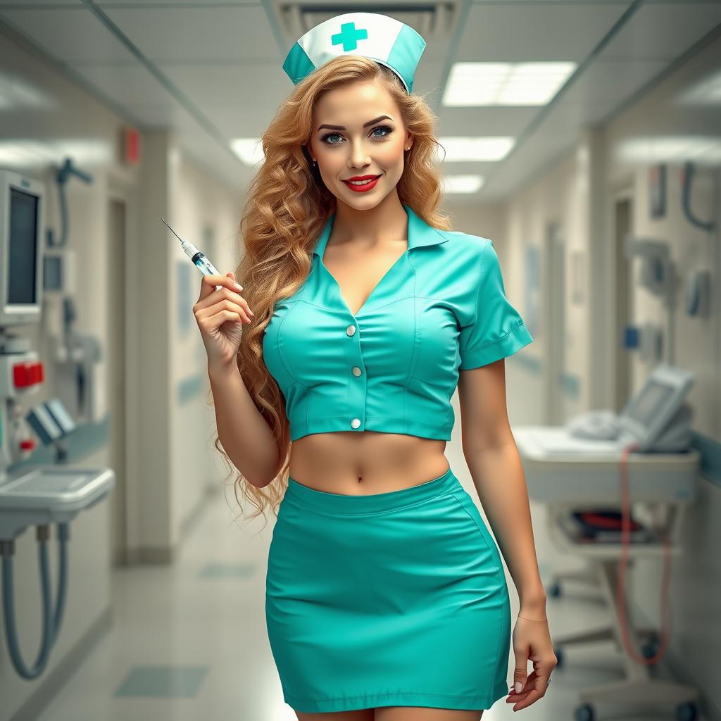 A sexy white-skinned nurse girl in a short aqua green nurse dress featuring a big neckline and a mini skirt, complemented by a classic nurse hat