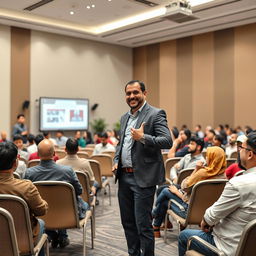 An image of the administrative trainer Akram Ali Al-Harazi standing confidently in a large public training hall, engaging with an attentive audience