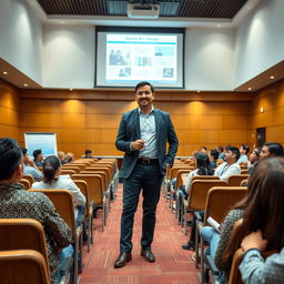 An image of the administrative trainer Akram Ali Al-Harazi standing confidently in a large public training hall, engaging with an attentive audience