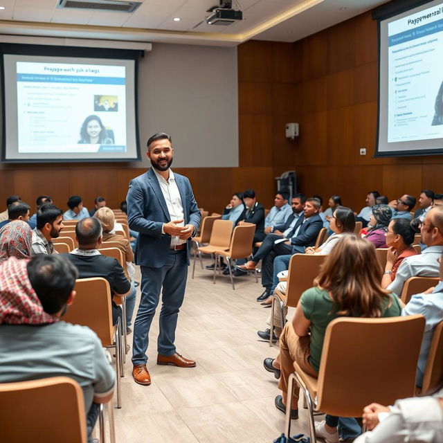 An image of the administrative trainer Akram Ali Al-Harazi standing confidently in a large public training hall, engaging with an attentive audience