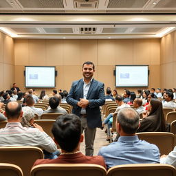 An image of the administrative trainer Akram Ali Al-Harazi standing confidently in a large public training hall, engaging with an attentive audience
