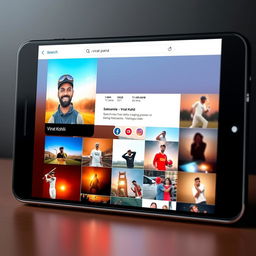 A visually striking digital representation of a search results page on Instagram prominently featuring the cricketer Virat Kohli
