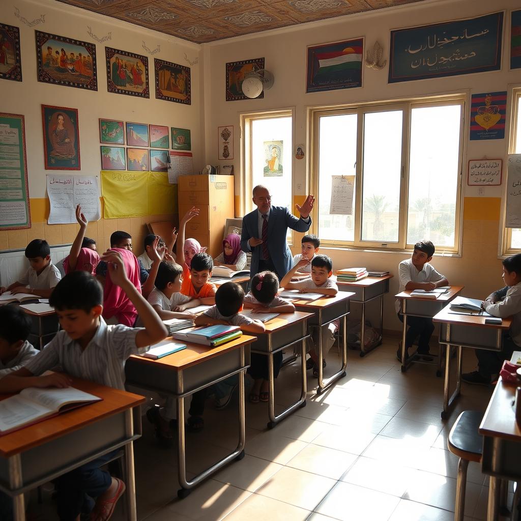 A vibrant classroom scene in Sana'a, Yemen, featuring students engaged in learning activities