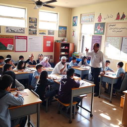 A vibrant classroom scene in Sana'a, Yemen, featuring students engaged in learning activities