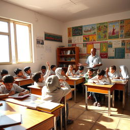 A vibrant classroom scene in Sana'a, Yemen, featuring students engaged in learning activities
