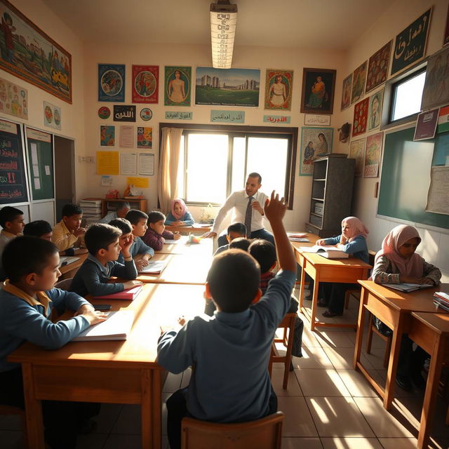 A vibrant classroom scene in Sana'a, Yemen, featuring students engaged in learning activities