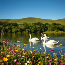 A picturesque scene of a serene natural landscape, featuring lush greenery and a clear blue sky