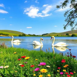 A picturesque scene of a serene natural landscape, featuring lush greenery and a clear blue sky